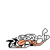 An unused sprite depicting Pizzelle pointing up as she lies on the ground, injured.