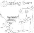 A drawing about Coneball, Coneboy and the Coneboy house, made by Welegi.