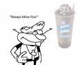 Joke art of Pizzelle wearing a cross necklace while looking at a semi-transparent oreo shake.