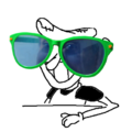 Pizzelle wearing large green shades with a human being able to be seen faintly behind them. Found when clicking on the shades image in her blog.