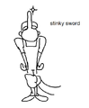 Art of Pizzano holding Stinky as a sword,with a shine emitting from his nose.