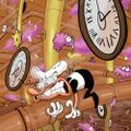 Pizzelle climbing on a pipe in the artwork for the "Around The Gateau's Gears" song.