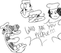 Art of Peppino screaming "WHO ARE YOU PEOPLE!!!" Looking towards various versions of himself, including Pizzelle in the middle. Drawn by McPig.