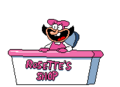 A sprite of Rosette behind a counter that says "Rosette's Shop".