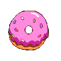 A donut with strawberry glaze and colorful sprinkes.