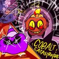 The artwork for Cobalt Catastrophe With Sluggy on the rails, eyes sparkling as the Applejim Express rushes towards him.