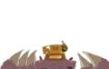 Background decoration #2. The golden coneball statue hiding behind it's podium with a gnome miner, surrounded by presumably teeth.