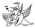 Stinky wearing a robe, having angelic wings, a halo and a harp which he is playing from.